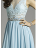 Beaded Sky Blue Lace Chiffon Sheer Back Maxi Prom Dress